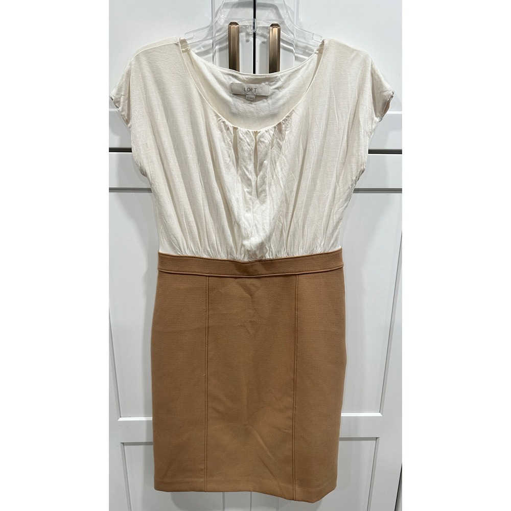 Loft Colorblock Sheath Dress Tan White Cap Sleeve Office Career Size 4
